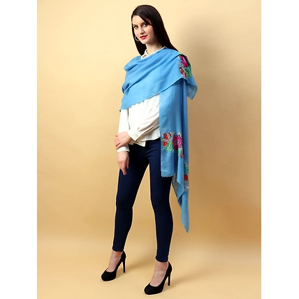Hand Embroidered Pure Pashmina Blue Shawl-2
