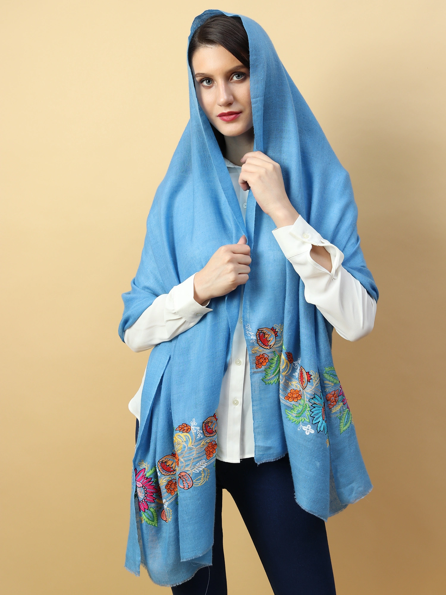 Hand Embroidered Pure Pashmina Blue Shawl-3