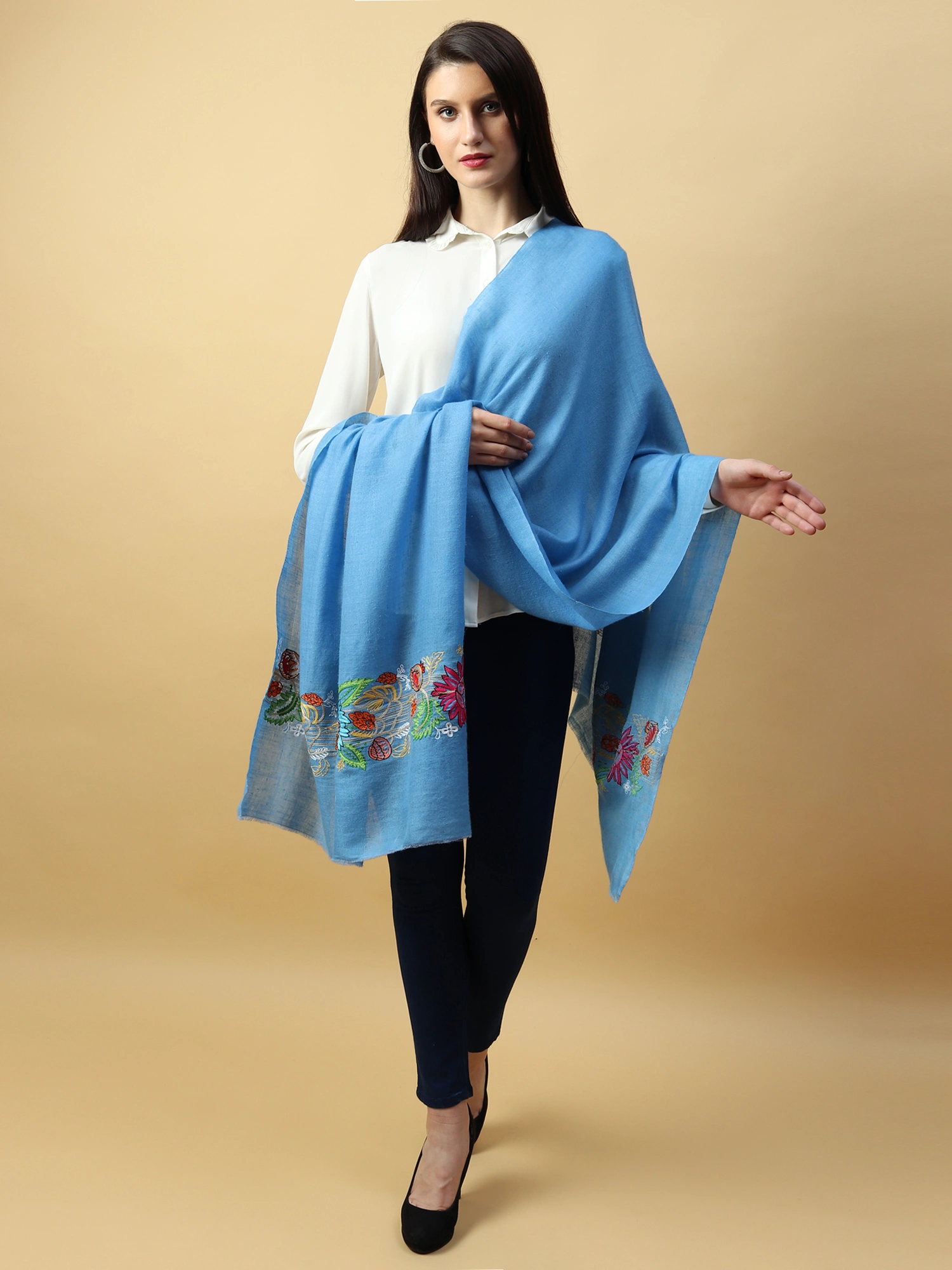 Hand Embroidered Pure Pashmina Blue Shawl-4