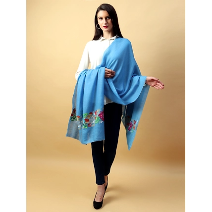 Hand Embroidered Pure Pashmina Blue Shawl-4