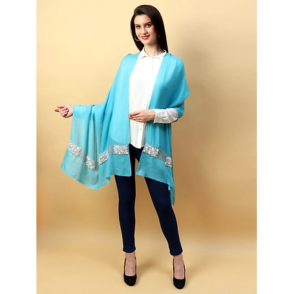 Blue Pashmina Shawl hand embroidered white flowers and pearls-MOD-BLUE-PP-PEARLSWHITE