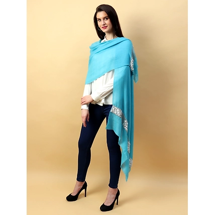 Blue Pashmina Shawl hand embroidered white flowers and pearls-1