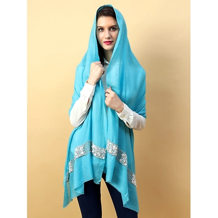 Blue Pashmina Shawl hand embroidered white flowers and pearls-2