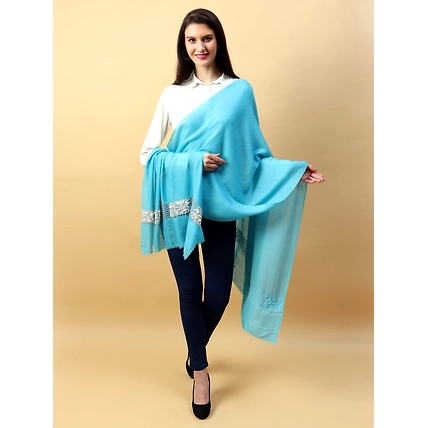 Blue Pashmina Shawl hand embroidered white flowers and pearls-3