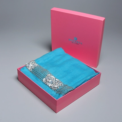 Blue Pashmina Shawl hand embroidered white flowers and pearls-4