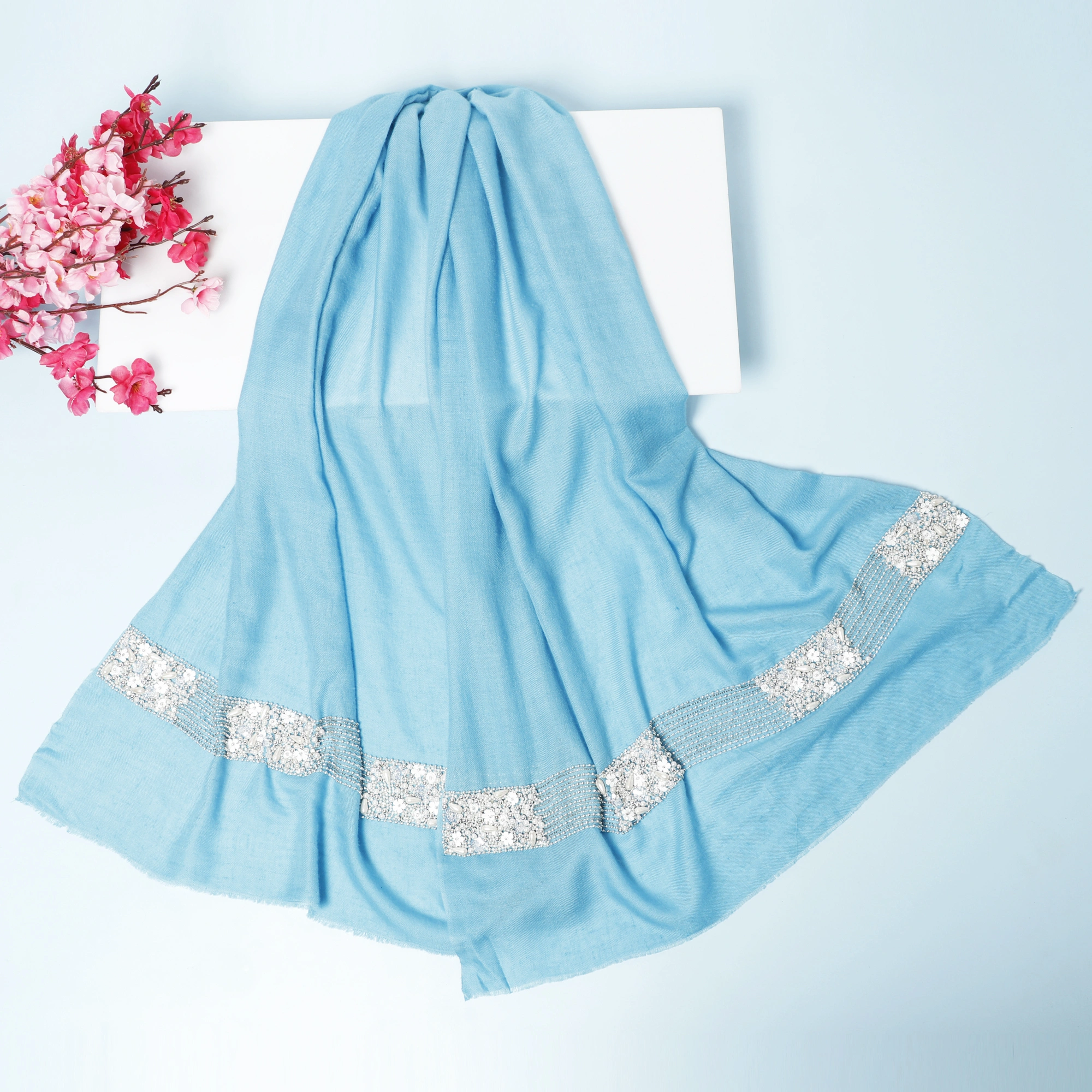 Blue Pashmina Shawl hand embroidered white flowers and pearls-5