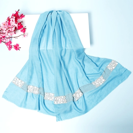 Blue Pashmina Shawl hand embroidered white flowers and pearls-5