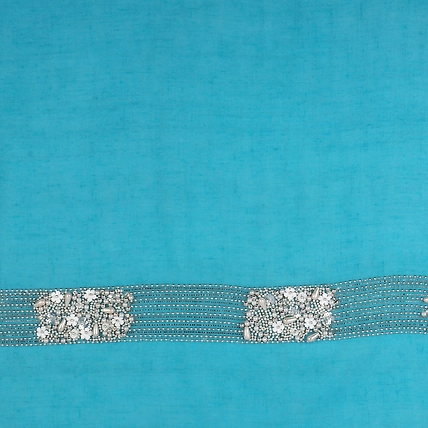 Blue Pashmina Shawl hand embroidered white flowers and pearls-6