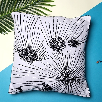 White Cushion Cover, Hand Embroidered , Designer Pillow Cover-MOD-CC-WHBL-SPLASH