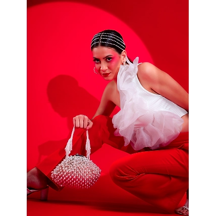 White Purse with handcrafted pearls detailing an ideal bridal bag-1
