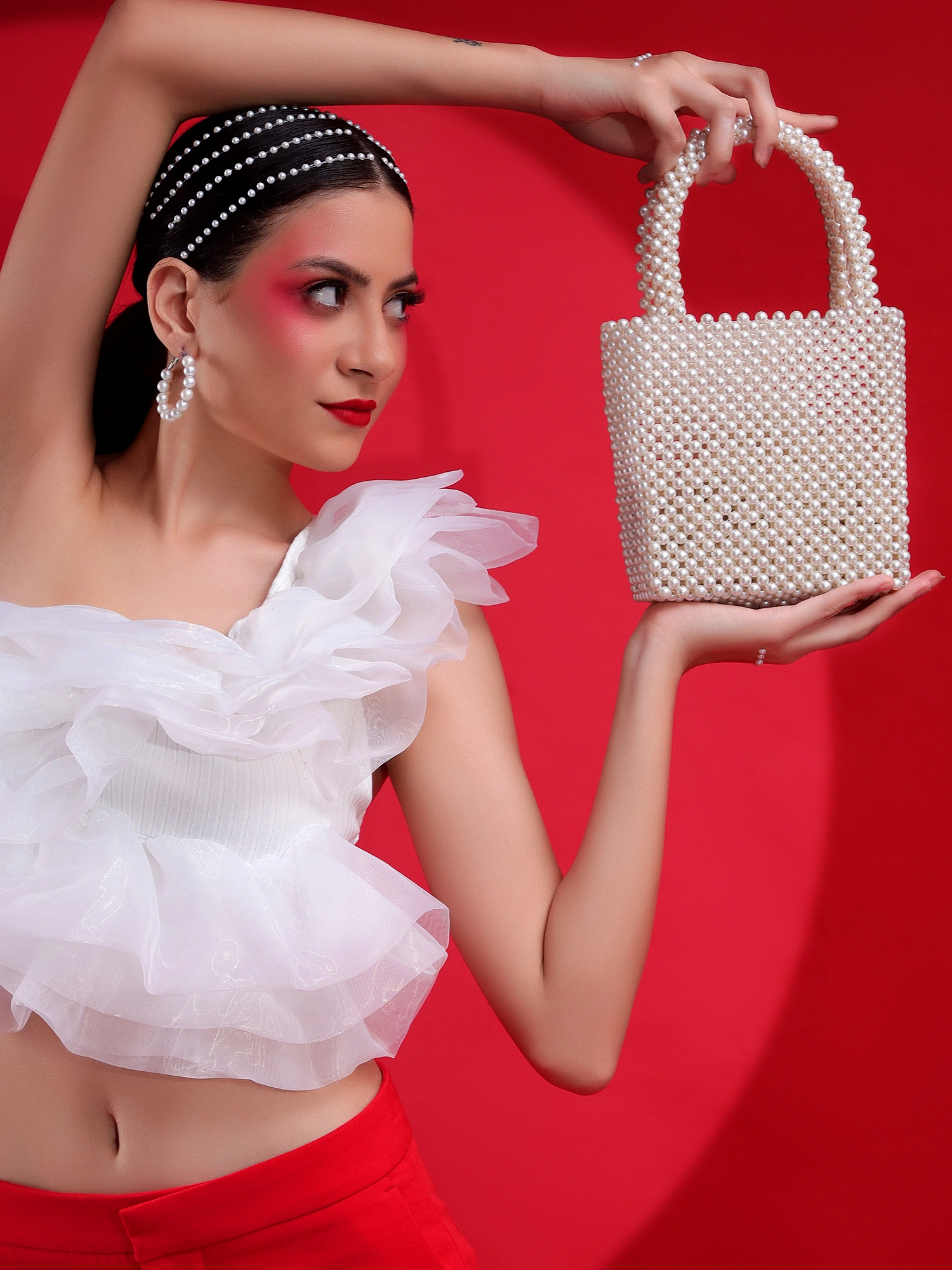 Pearls Bag ideal white handbang handcrafted with pearls-MOD-FHS-WHPL-HBAG