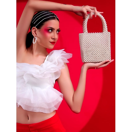 Pearls Bag ideal white handbang handcrafted with pearls-MOD-FHS-WHPL-HBAG