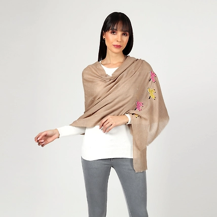 Biege Woolen Shawl with hand embroidred animal motifs-2