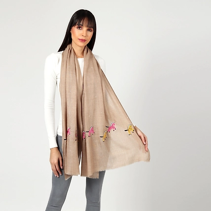 Biege Woolen Shawl with hand embroidred animal motifs-4