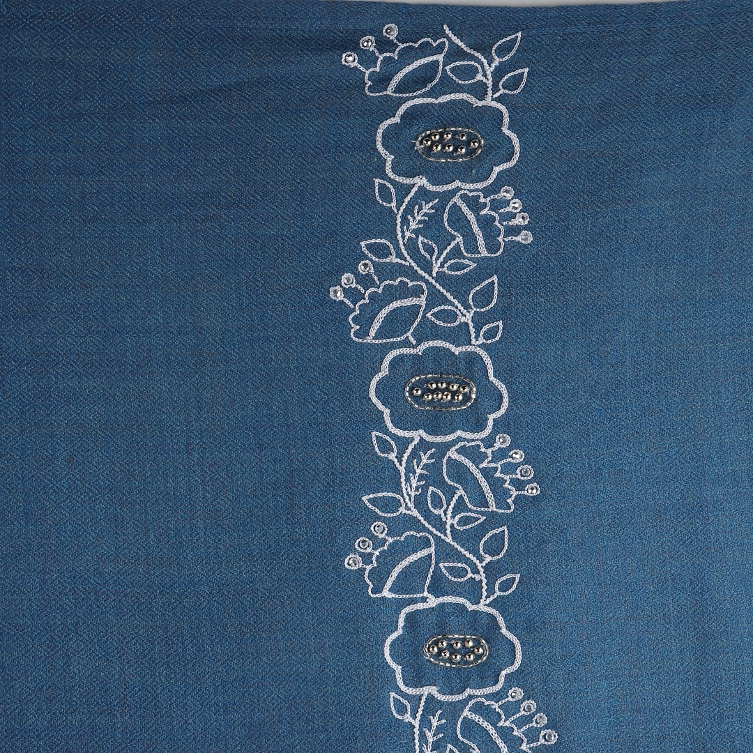 Blue Winter Shawl with hand embroidered floral design-FINEWL-BL-WHITEFLORALBORDER