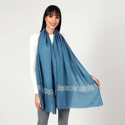 Blue Winter Shawl with hand embroidered floral design-4