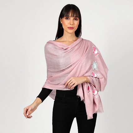 Light Pink Woolen Shawl, Fine Wool, Hand Embroidered Winter Shawl-2