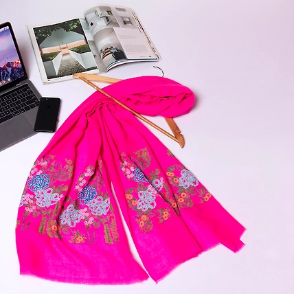 Fuschia Pink Shawl, Pure Pashmina Shawl with Hand Embroidered Lotus Garden Pattern-MOD-FP-PP-LOTUS