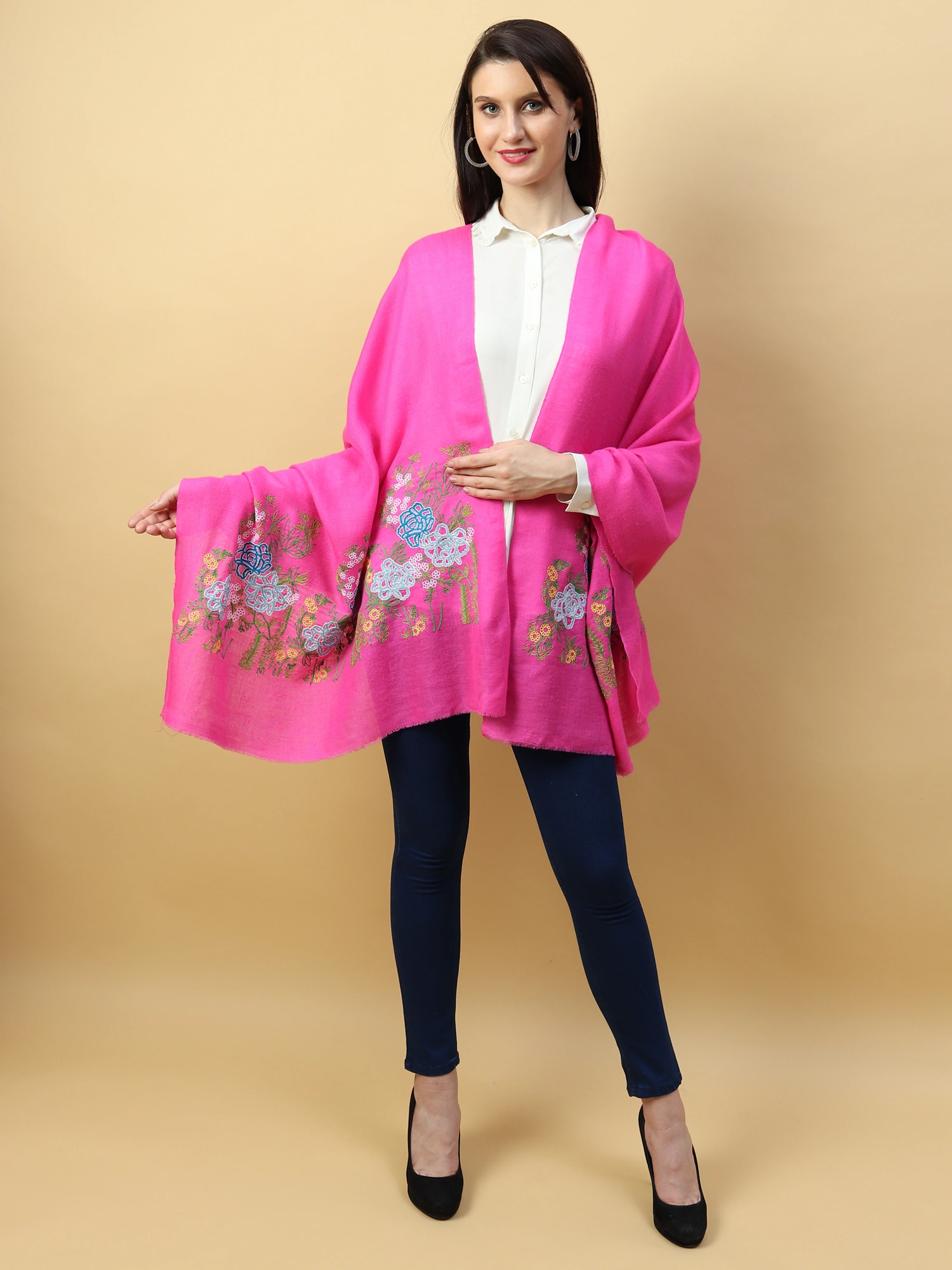 Fuschia Pink Shawl, Pure Pashmina Shawl with Hand Embroidered Lotus Garden Pattern-1