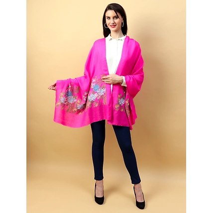 Fuschia Pink Shawl, Pure Pashmina Shawl with Hand Embroidered Lotus Garden Pattern-1
