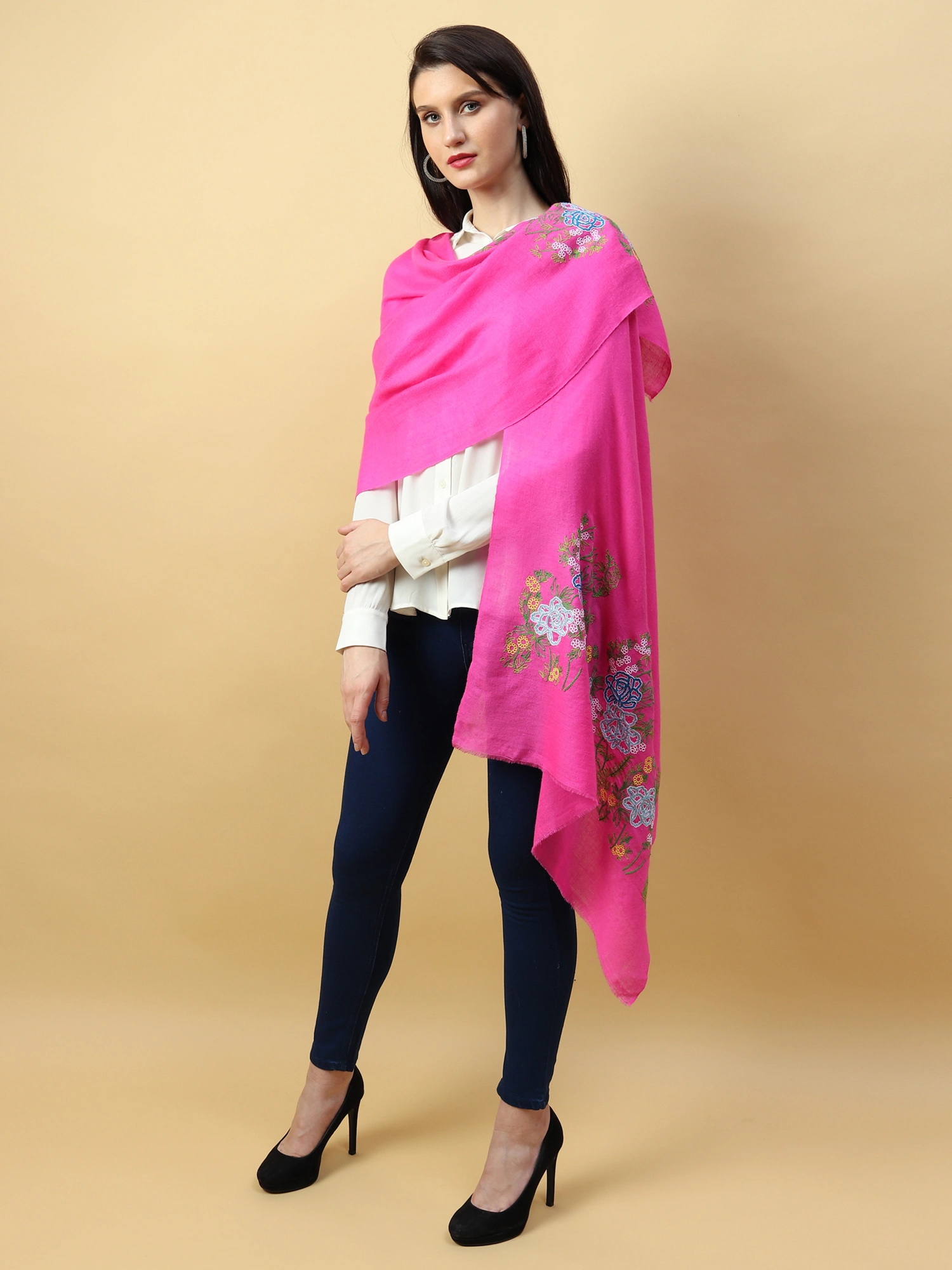 Fuschia Pink Shawl, Pure Pashmina Shawl with Hand Embroidered Lotus Garden Pattern-2