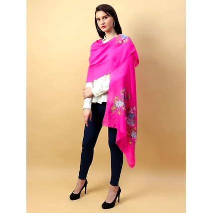 Fuschia Pink Shawl, Pure Pashmina Shawl with Hand Embroidered Lotus Garden Pattern-2