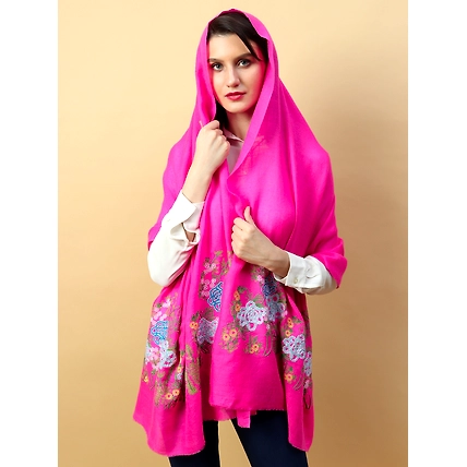 Fuschia Pink Shawl, Pure Pashmina Shawl with Hand Embroidered Lotus Garden Pattern-3