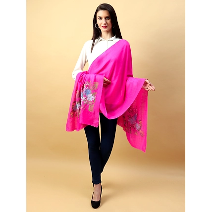 Fuschia Pink Shawl, Pure Pashmina Shawl with Hand Embroidered Lotus Garden Pattern-4