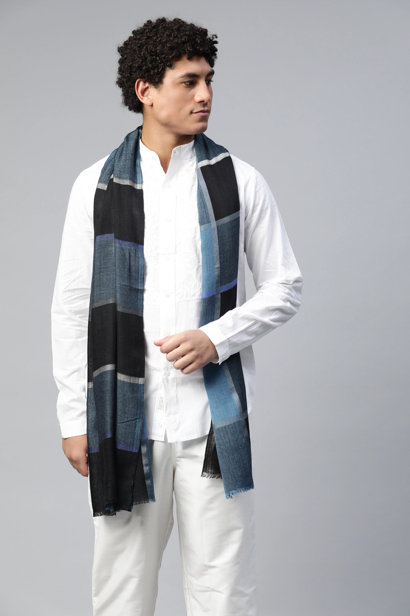 Classic Blue Checkered Men's Shawl-5