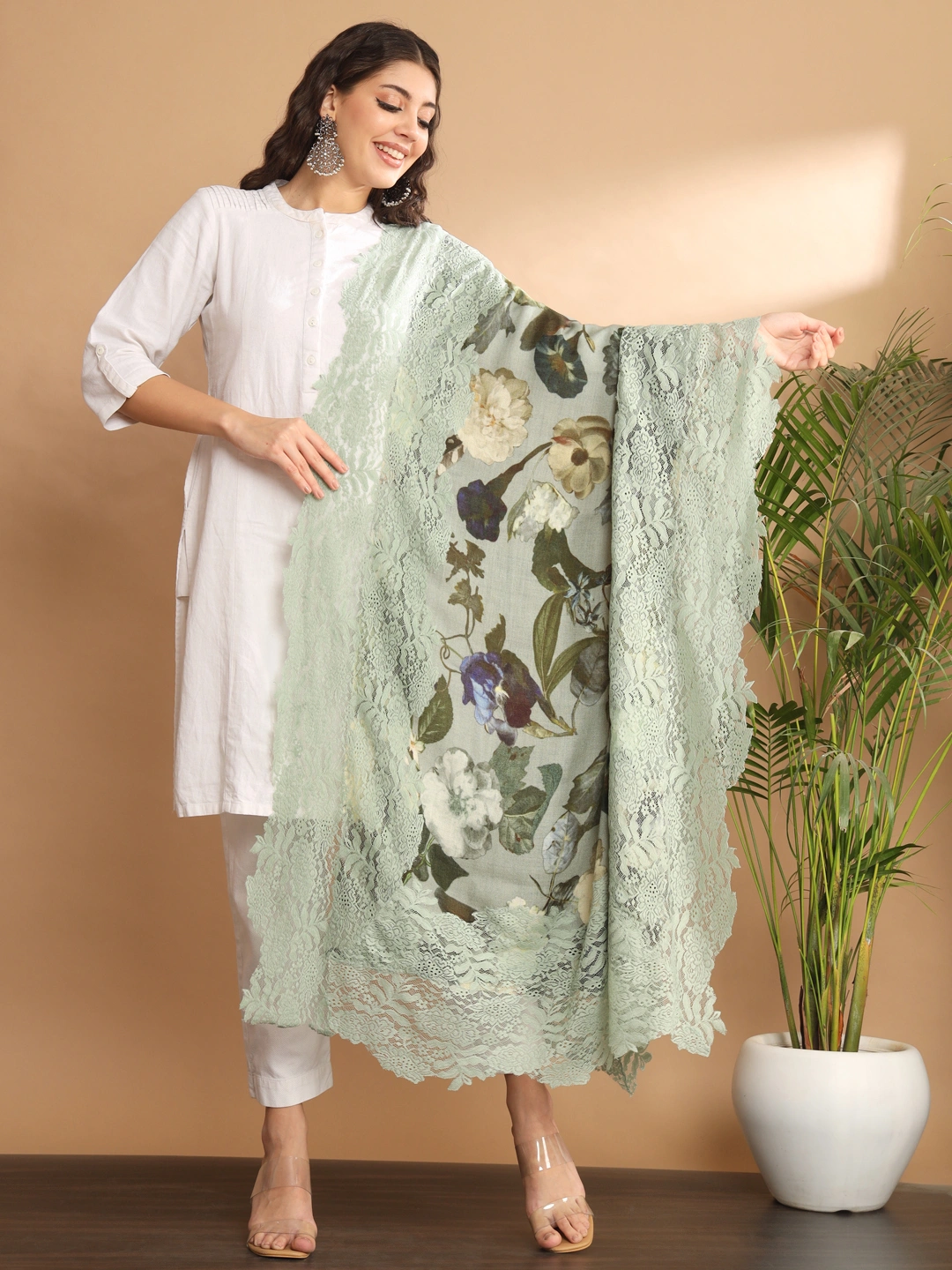 Floral Printed Shawl with Lace-MOD-FW-GR-PRINT-LACE