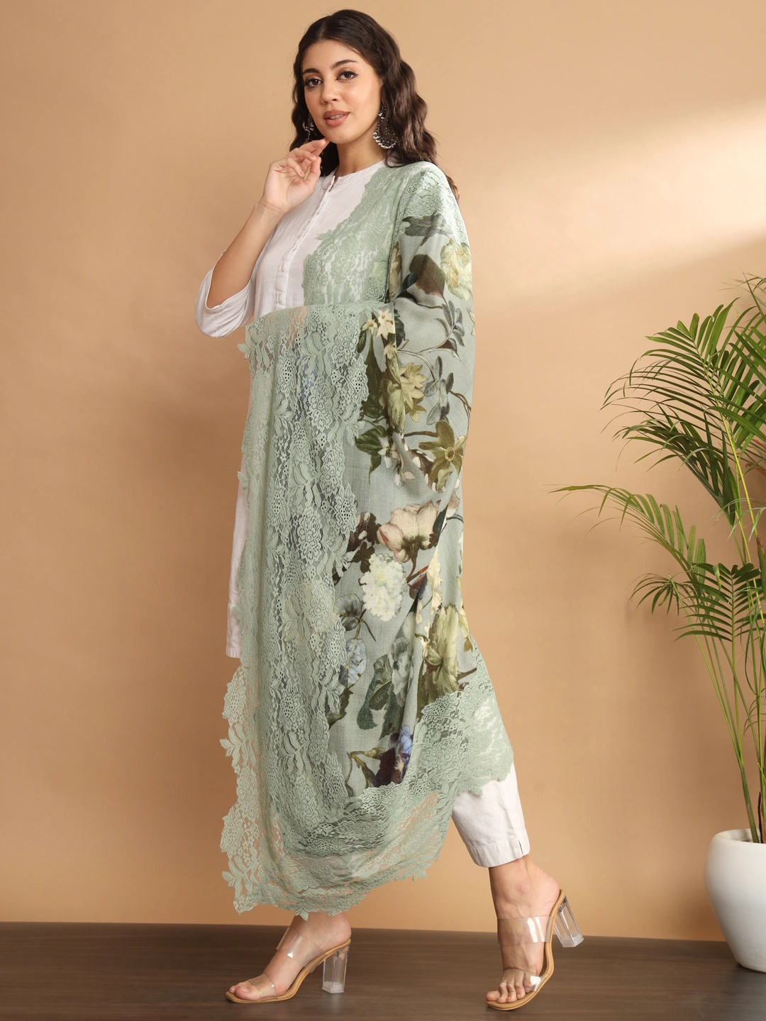 Floral Printed Shawl with Lace-2