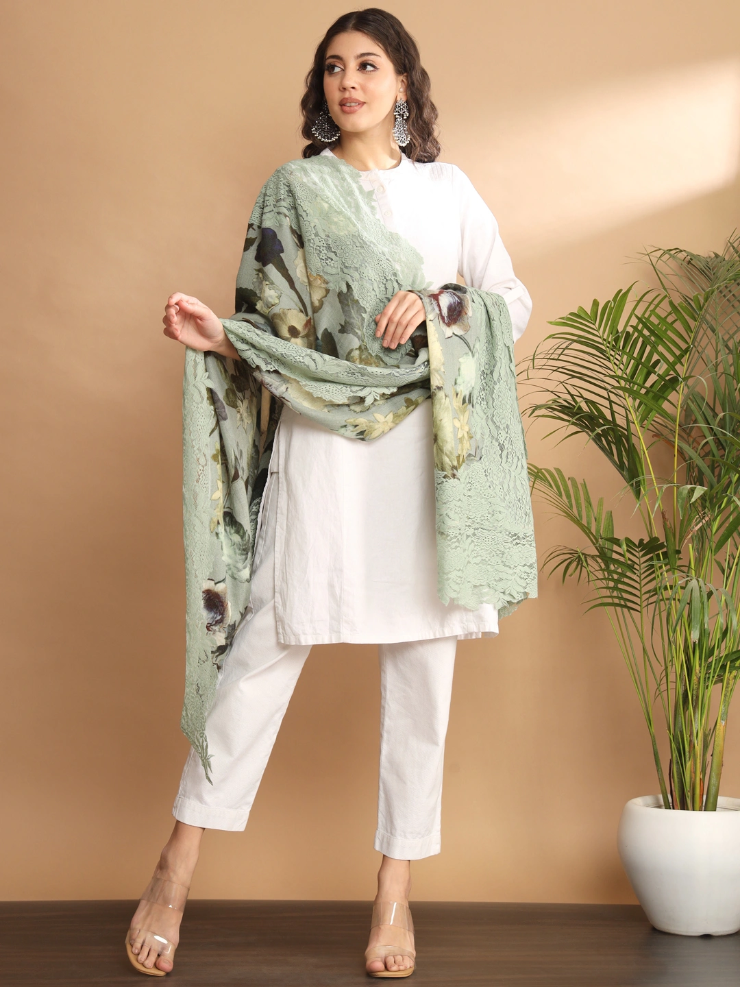 Floral Printed Shawl with Lace-3