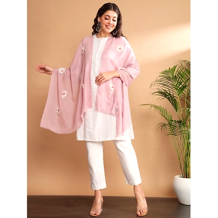 Pink Woolen Shawl with feather flowers-4