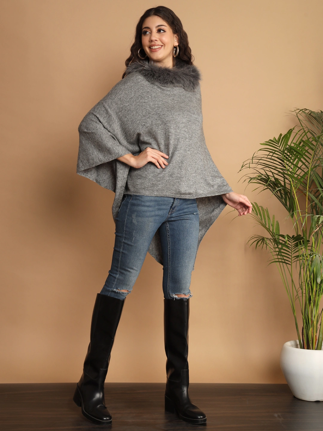 Grey Woolen Poncho an ideal winter poncho with fur-2