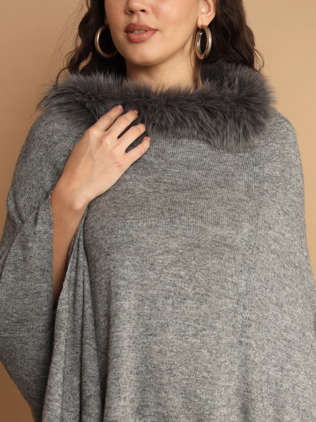 Grey Woolen Poncho an ideal winter poncho with fur-3