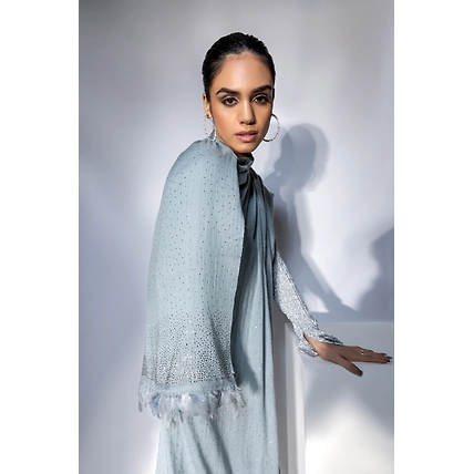 Grey Shawl with Feathers and Swarovski, ideal dress fur shawl-1