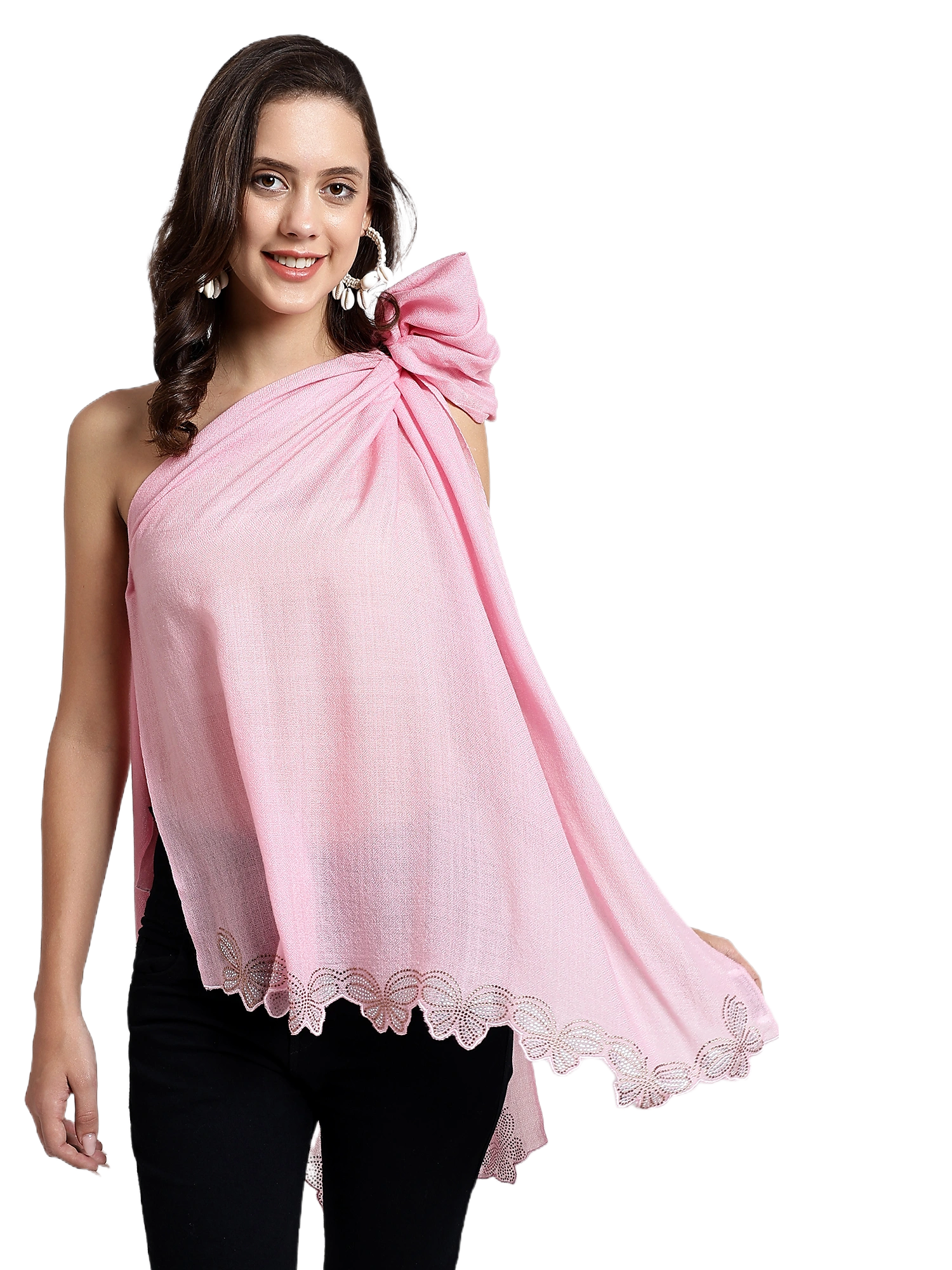 Pink shawl for dress with swarovski butterflies cutwork border-Pink-4