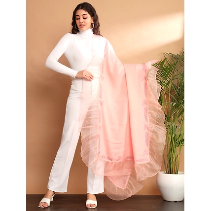 Pink Shawl with swarovski and organza ruffle border-MOD-GE-PI-SWNET