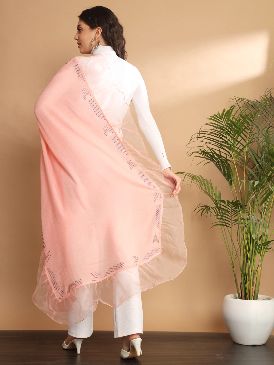 Pink Shawl with swarovski and organza ruffle border-3