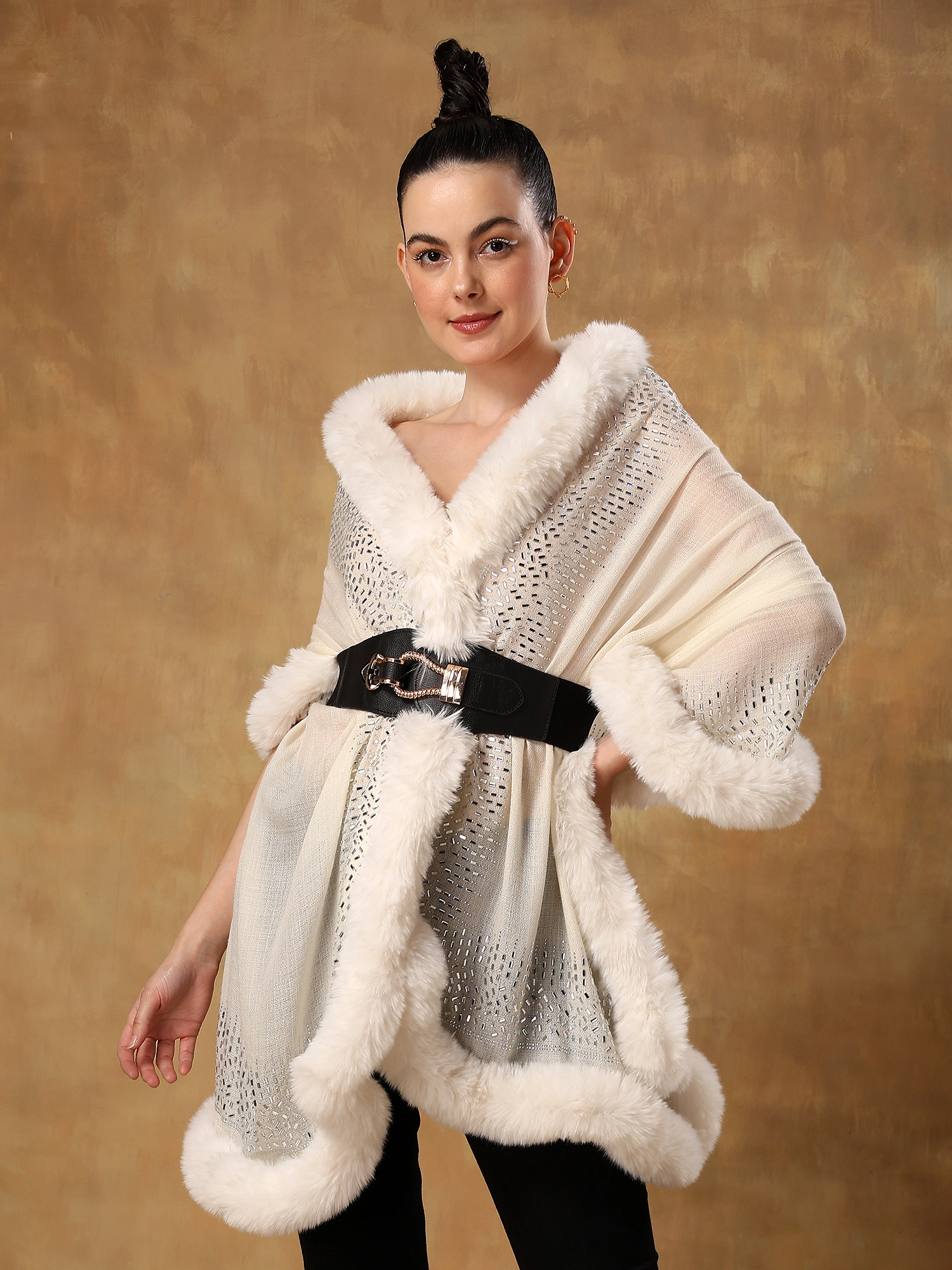 White fur shawl, ideal dress fur shawl made with swarovski-MOD-GE-WH-SWA-FUR