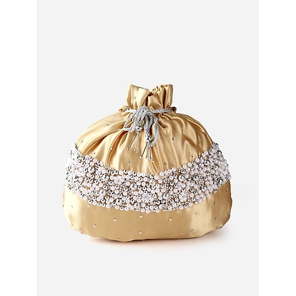 Gold Potli Bag With Pearls and Swarovski Crystals-MOD-G-POTLI-WH