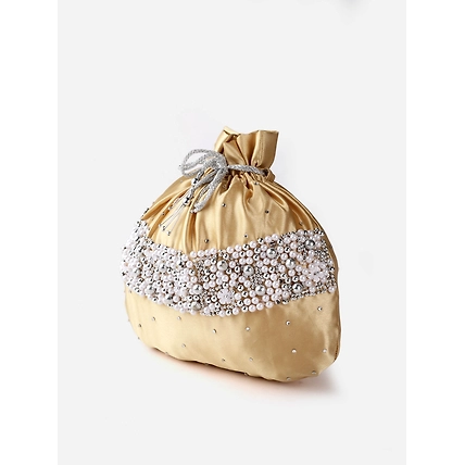 Gold Potli Bag With Pearls and Swarovski Crystals-1