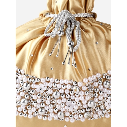 Gold Potli Bag With Pearls and Swarovski Crystals-4