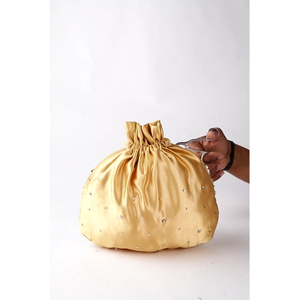 Gold Potli Bag With Pearls and Swarovski Crystals-7