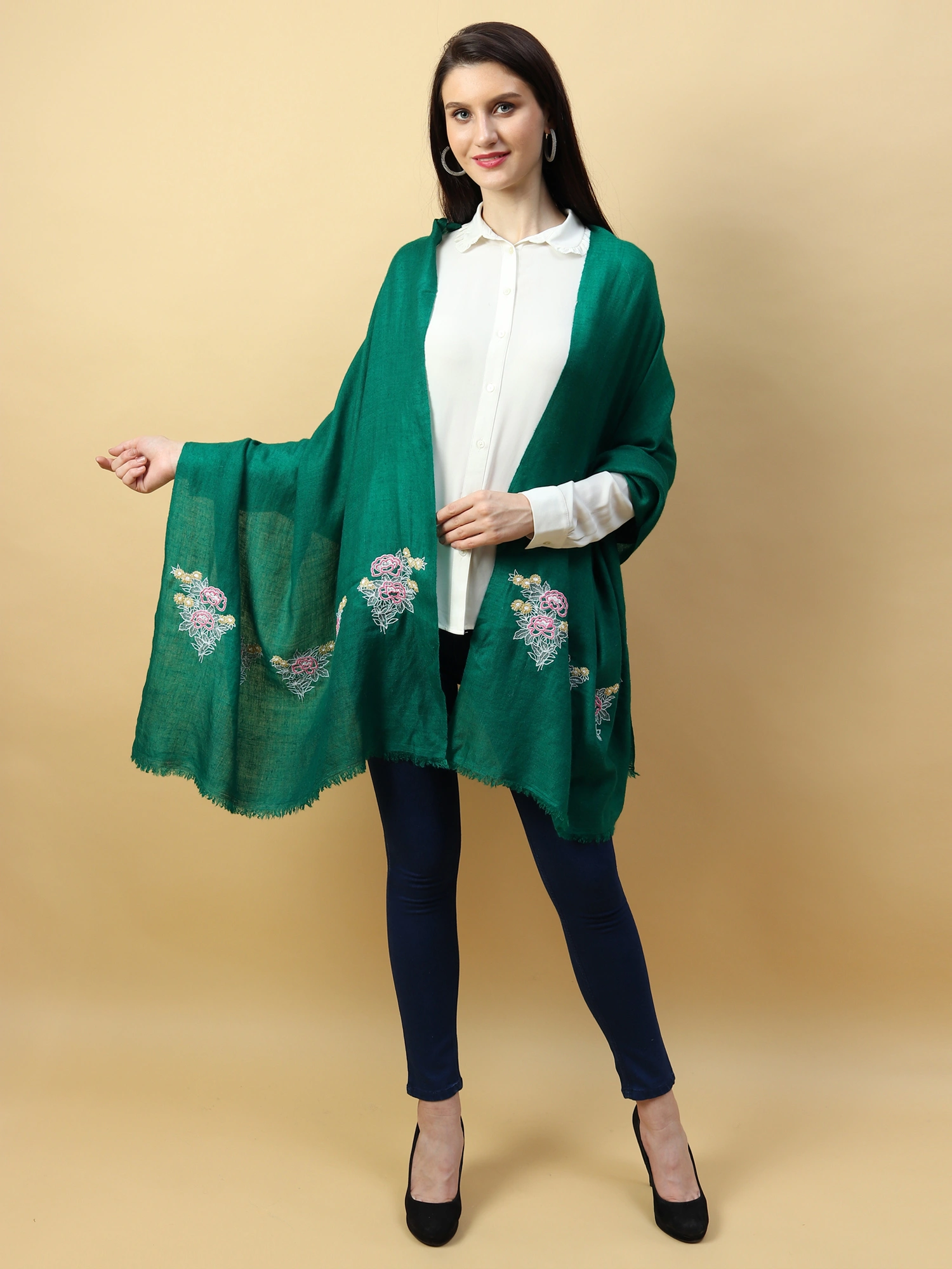 Green Pure Pashmina Shawl with hand embroidered floral motifs on either ends-MOD-GREEN-PP-MOTIFS