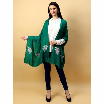 modarta green pure pashmina shawl with hand embroidered floral motifs on either ends