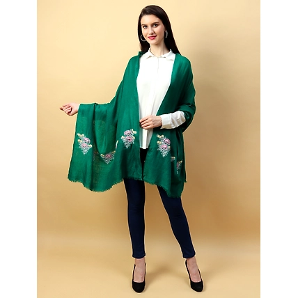Green Pure Pashmina Shawl with hand embroidered floral motifs on either ends-MOD-GREEN-PP-MOTIFS