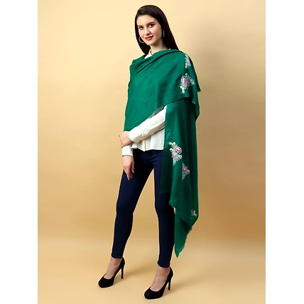 Green Pure Pashmina Shawl with hand embroidered floral motifs on either ends-1