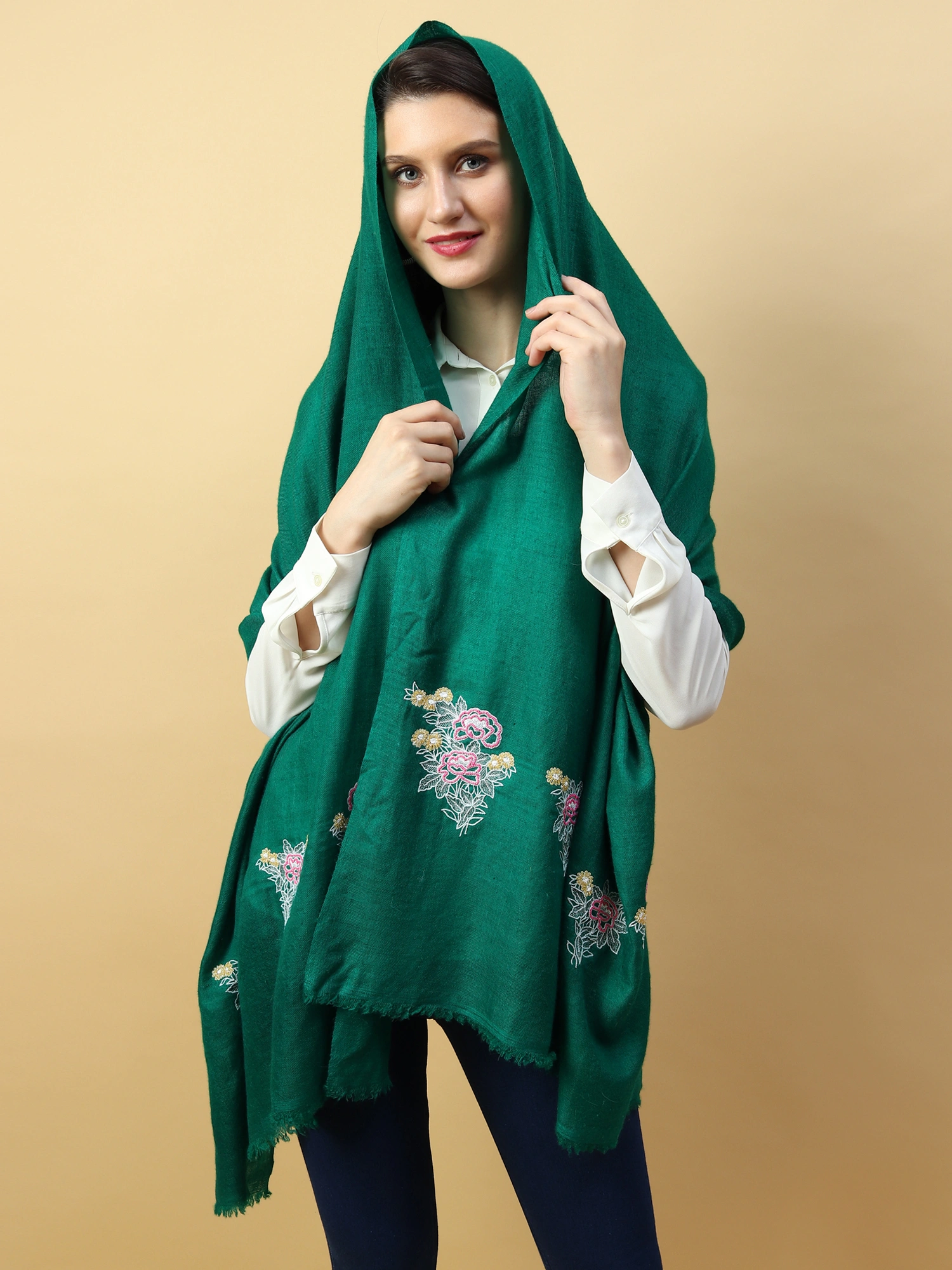 Green Pure Pashmina Shawl with hand embroidered floral motifs on either ends-2