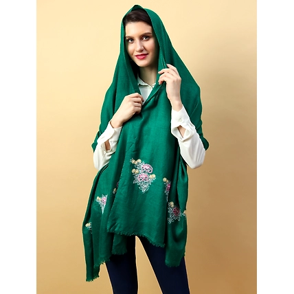 Green Pure Pashmina Shawl with hand embroidered floral motifs on either ends-2